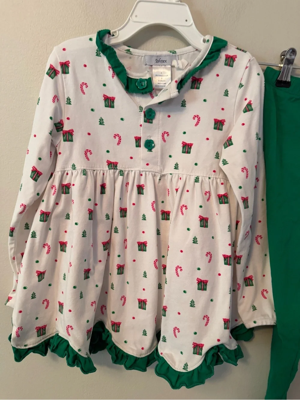 Ishtex Holiday Candy Cane Print Kids Top with Green Leggings